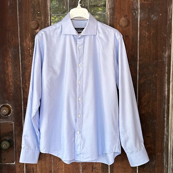 BUGATCHI | Cotton Classic Fit Light Blue Button Front Shirt Floral Flip Cuff - Picture 9 of 9